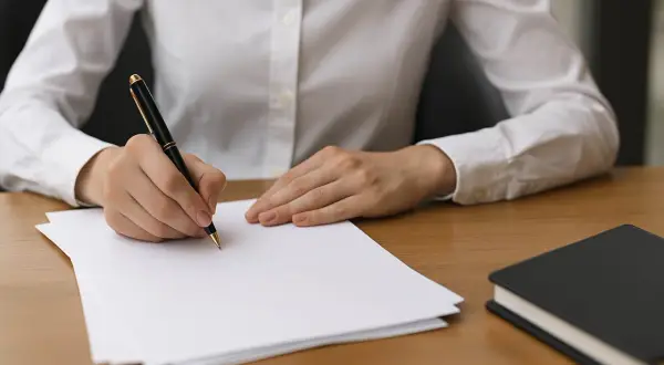Main d'une personne écrivant sur du papier avec un stylo, à côté d'un carnet.