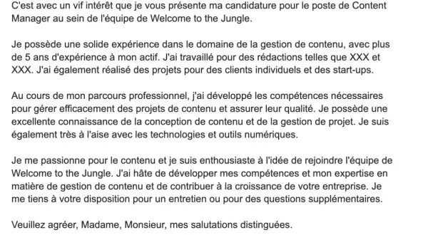 Lettre de motivation pour un poste de Content Manager. Le texte détaille l'expérience et les compétences du candidat en gestion de contenu, comme si ChatGPT avait aidé à la rédiger.