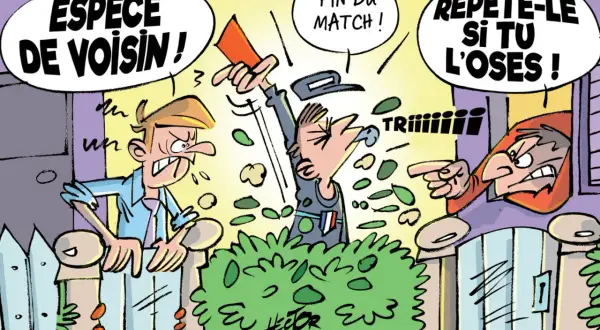 Un voisin en colère crie "Espèce de voisin!". Un autre, arbitre, brandit un carton rouge. Idéal pour un modèle de lettre pour avertir les voisins.