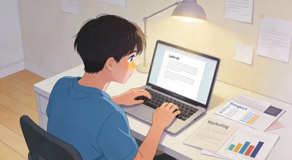 Un jeune homme rédige sa lettre de motivation pour Parcoursup, axée sur un DUT Techniques de Commercialisation.