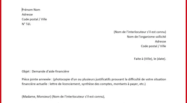 Exemple lettre CPAM : demande d'aide financière pour faire face à des difficultés. Le document liste les informations à fournir et les justificatifs nécessaires.