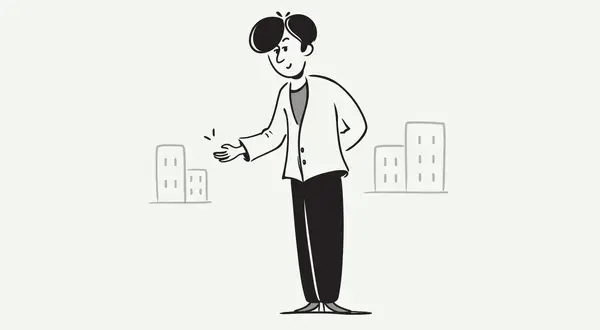 Un homme présente des immeubles, comme s'il expliquait comment rédiger une lettre pour rendre un appartement en location.