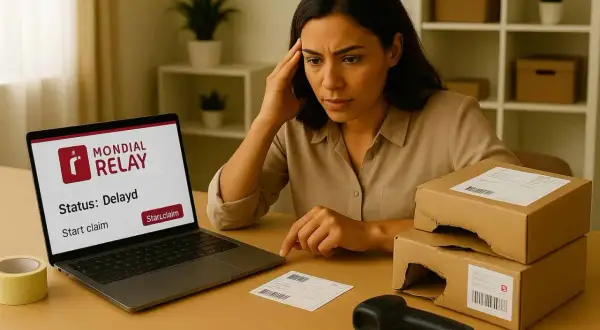 Femme inquiète devant son ordinateur affichant "Mondial Relay - Status: Delayd". Deux colis abîmés sont sur la table.