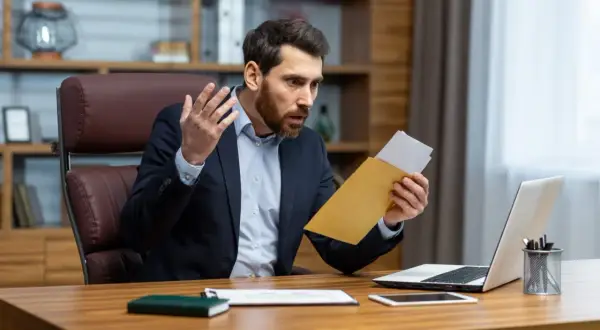 Homme surpris ouvrant une lettre de contestation de facture, assis à son bureau avec un ordinateur portable.