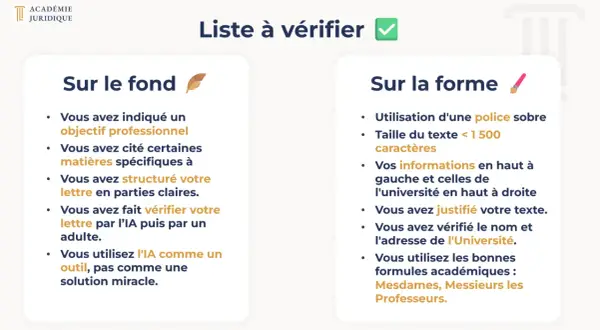 Liste de vérification pour une lettre de motivation fac de droit Parcoursup : fond et forme.