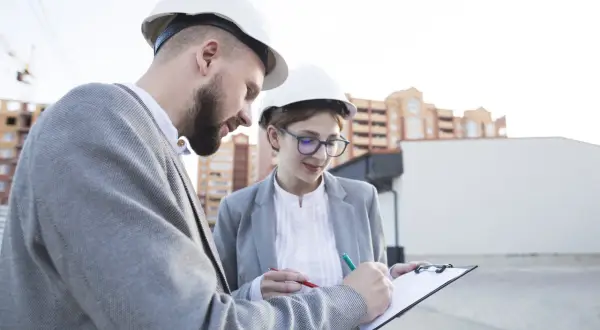 Deux ingénieurs, casques blancs, discutent d'un document sur un chantier. L'un signe, peut-être un modèle attestation employeur.