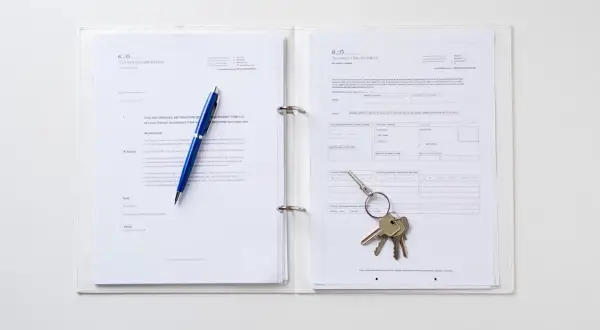 Un classeur blanc ouvert sur des documents. Un stylo bleu repose sur la page de gauche, tandis qu'un trousseau de clés est posé sur la page de droite, suggérant une lettre de demande de mutation ou un contrat.