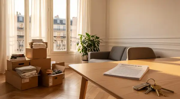 Une lettre de résiliation de bail pour un appartement meublé est posée sur une table en bois, avec des clés et des cartons de déménagement à proximité.