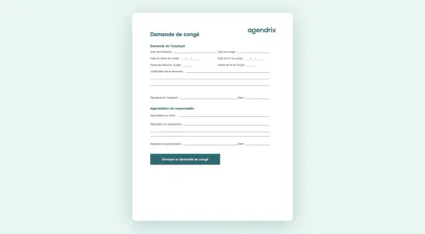 Formulaire de demande de congé pour un employé, incluant les détails du congé et l'approbation du responsable.