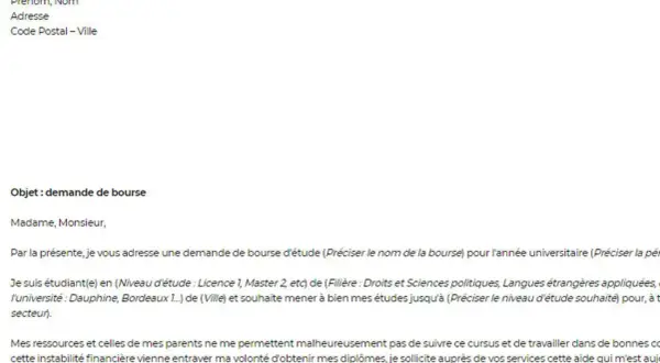 Objet : demande de bourse. Un étudiant sollicite une aide financière pour poursuivre ses études universitaires.