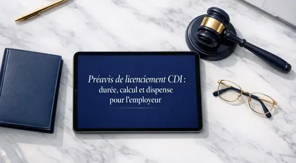 Sur une tablette, un modèle de lettre à son employeur concernant un préavis de licenciement CDI. Un marteau de juge, des lunettes et un stylo sont disposés autour.