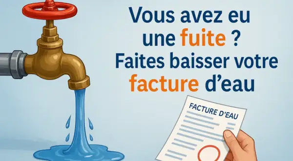 Robinet qui coule, facture d'eau et texte "Faites baisser votre facture d'eau".