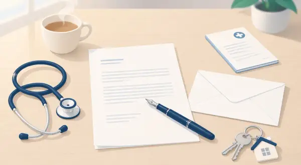 Bureau avec stéthoscope, tasse de café, lettre, enveloppe, clés et document médical. Préparation d'un modèle lettre résiliation bail 1 mois pour raison de santé.