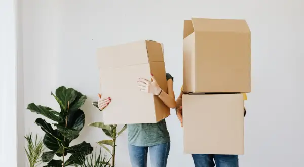 Couple déménageant, cachant leurs visages derrière des cartons. Ils préparent leur lettre changement d'adresse CAF.