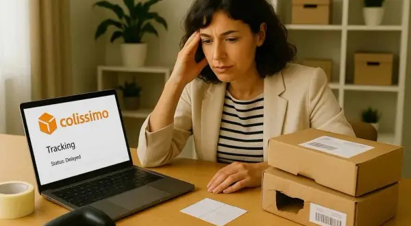 Femme soucieuse devant son ordinateur affichant "Colissimo Tracking: Status: Delayed". Un problème de livraison DPD ?