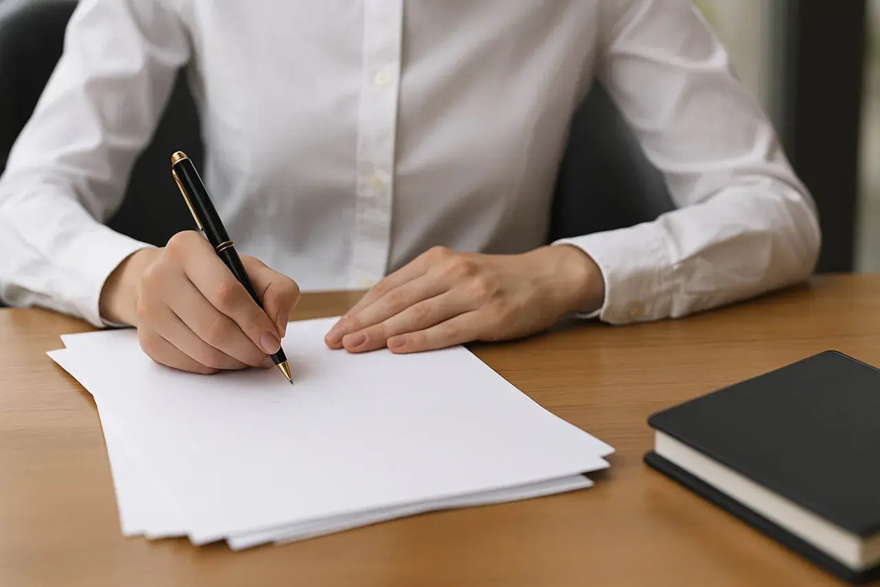 Main d'une personne écrivant sur du papier avec un stylo, à côté d'un carnet.