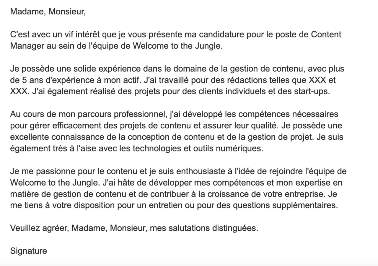Lettre de motivation pour un poste de Content Manager. Le texte détaille l'expérience et les compétences du candidat en gestion de contenu, comme si ChatGPT avait aidé à la rédiger.