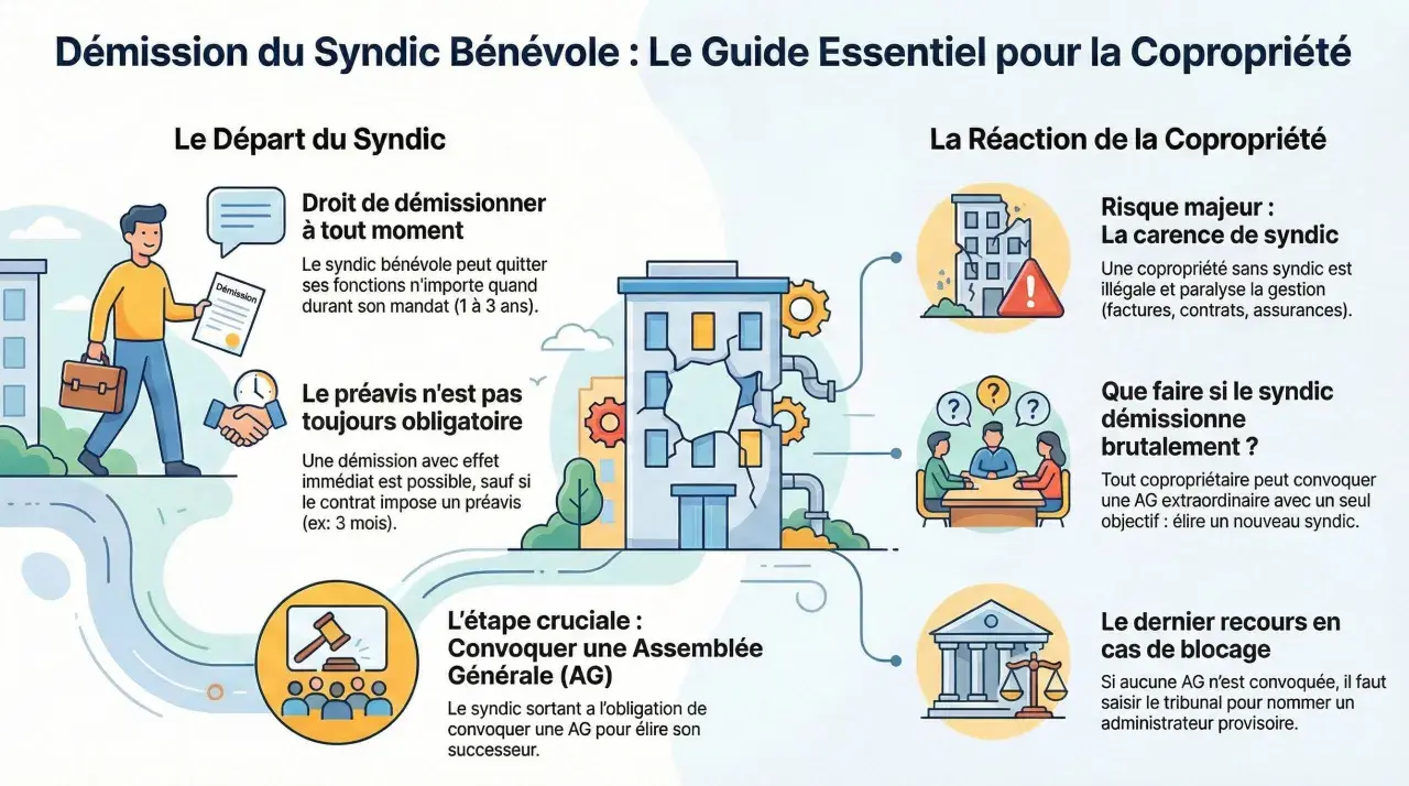 Illustration expliquant la démission du syndic bénévole en copropriété, avec des icônes pour le départ, les préavis, et la réaction de la copropriété.