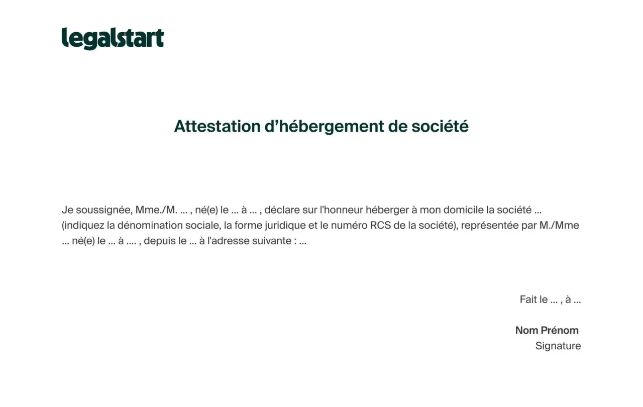 Attestation d'hébergement de société. Ce document officiel certifie l'hébergement d'une société à une adresse donnée.