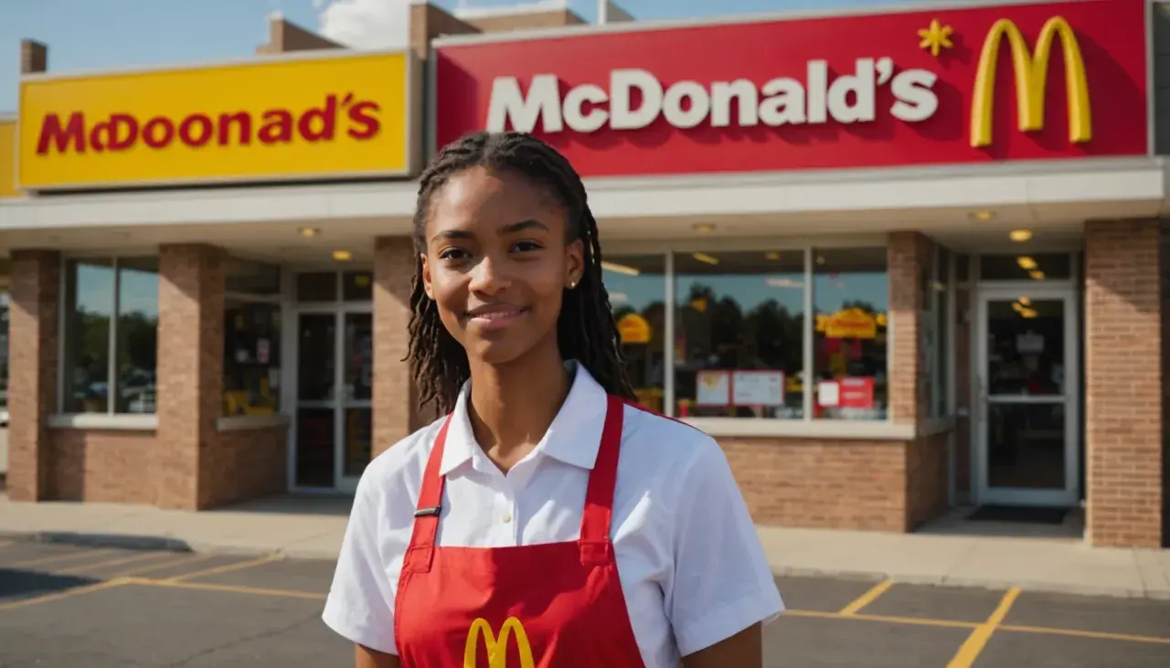 Jeune femme souriante devant un McDonald's, prête pour sa démission McDonald's sans préavis.