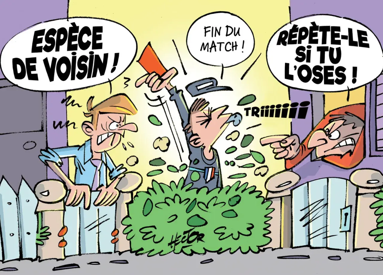 Un voisin en colère crie "Espèce de voisin!". Un autre, arbitre, brandit un carton rouge. Idéal pour un modèle de lettre pour avertir les voisins.