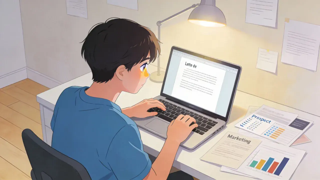 Un jeune homme rédige sa lettre de motivation pour Parcoursup, axée sur un DUT Techniques de Commercialisation.