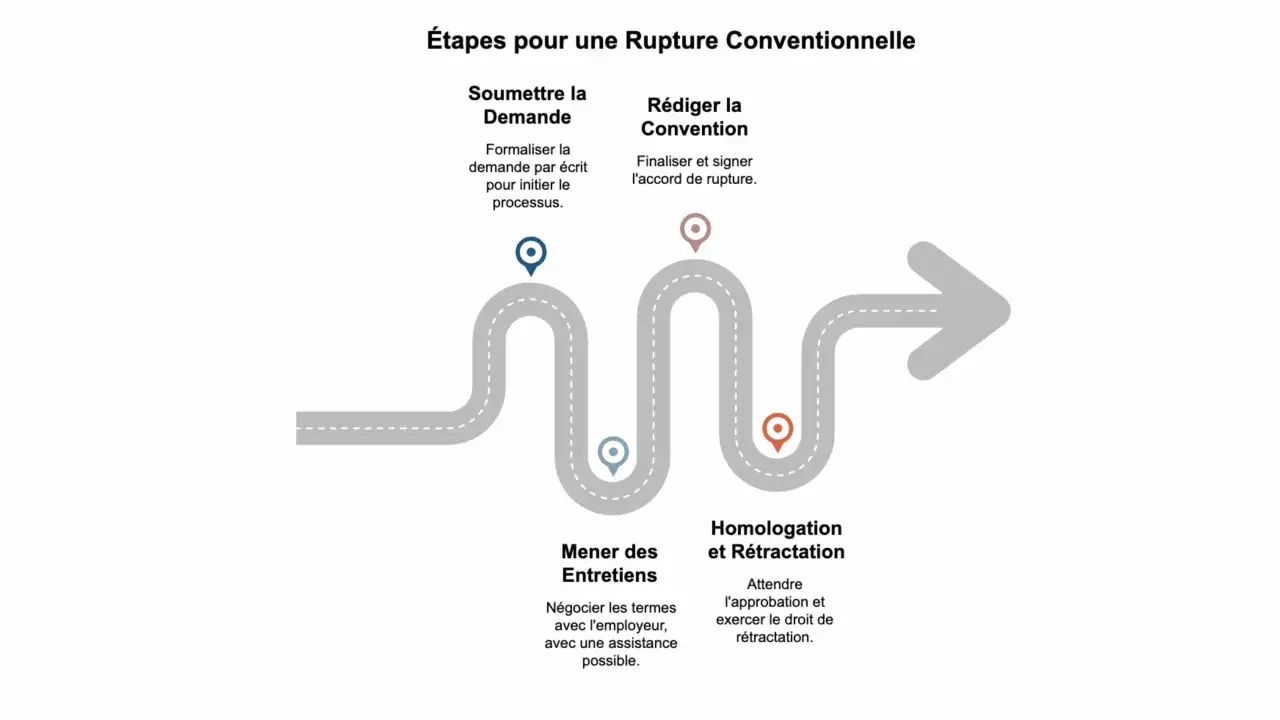 Schéma des étapes d'une rupture conventionnelle : soumission de la demande, entretiens, rédaction de la convention, homologation et rétractation.