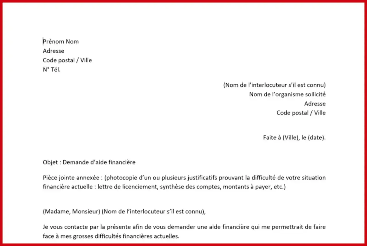 Exemple lettre CPAM : demande d'aide financière pour faire face à des difficultés. Le document liste les informations à fournir et les justificatifs nécessaires.