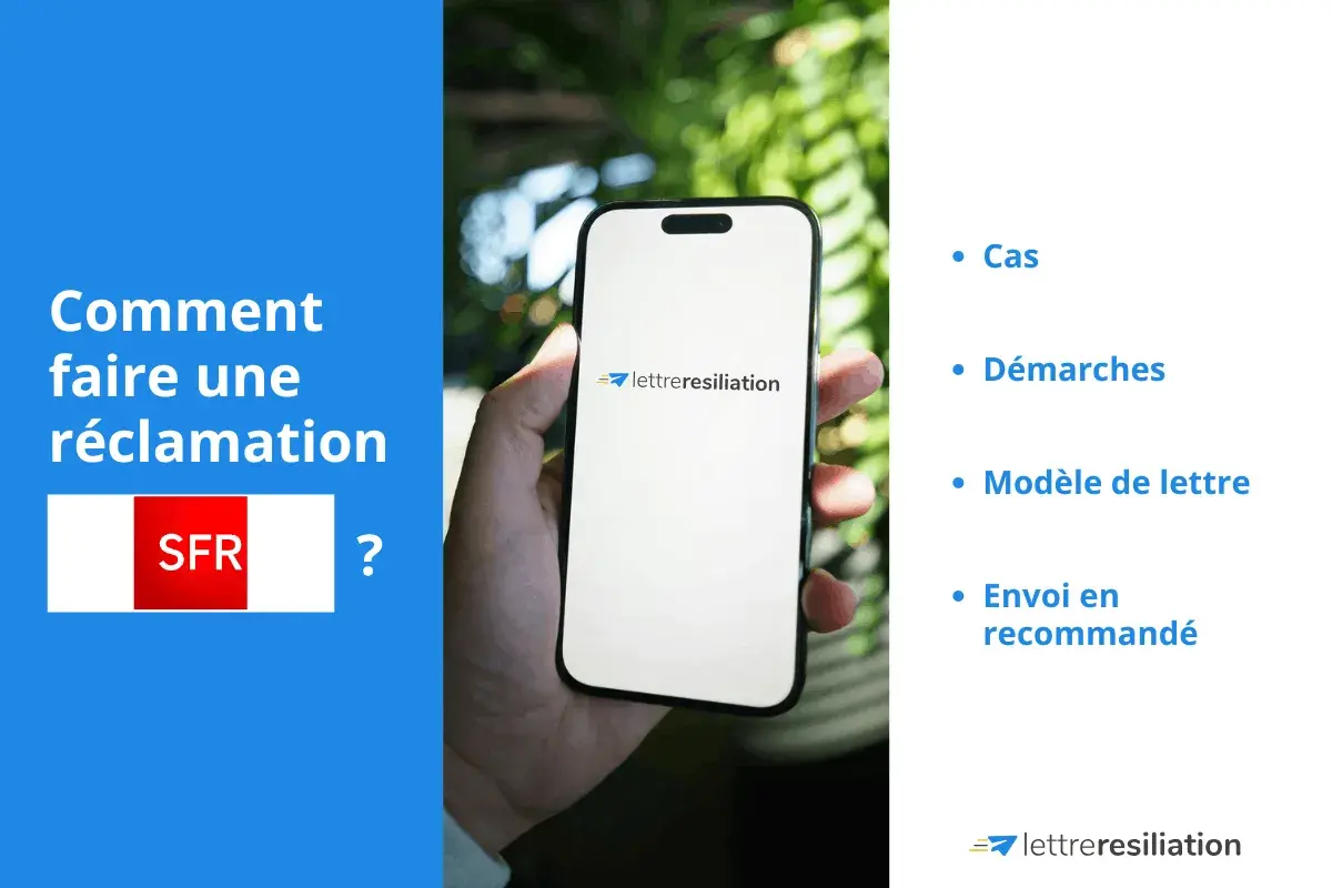 Comment faire une sfr réclamation courrier ? Un smartphone affiche le logo lettre-resiliation.com.
