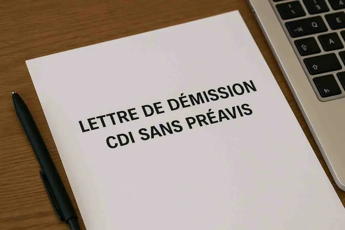 Une feuille avec "LETTRE DE DÉMISSION CDI SANS PRÉAVIS" est posée sur un bureau en bois, à côté d'un stylo et d'un ordinateur portable.