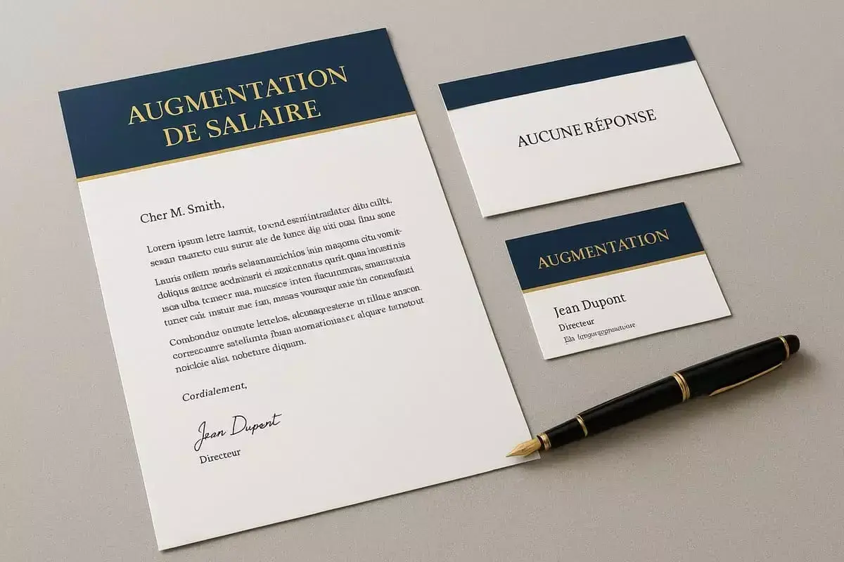 Une lettre de demande d'augmentation de salaire, une carte "Aucune réponse" et une carte de visite "Augmentation" pour Jean Dupont, Directeur.