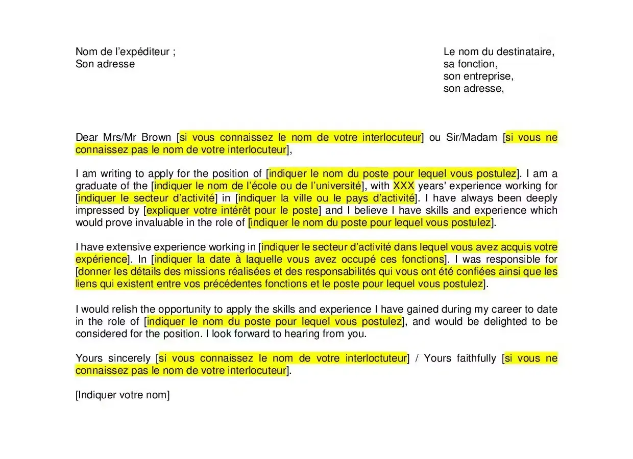 Modèle de lettre de motivation en anglais, avec des champs à remplir pour postuler à un emploi.