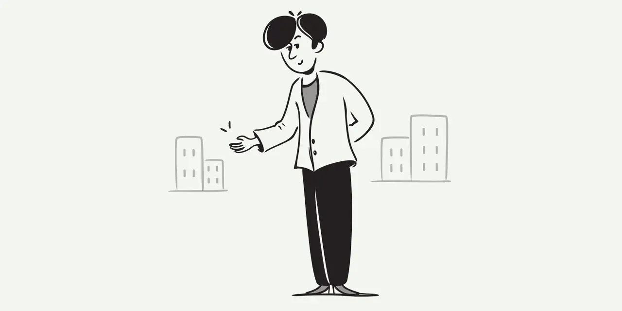 Un homme présente des immeubles, comme s'il expliquait comment rédiger une lettre pour rendre un appartement en location.