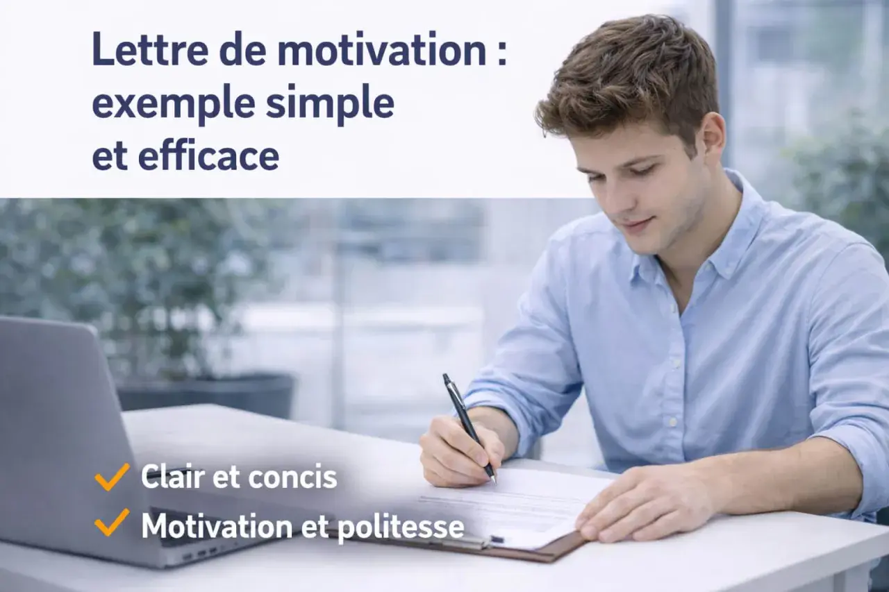 Jeune homme rédigeant une lettre de motivation simple et courte pour un emploi. Conseils : clair, concis, motivation et politesse.