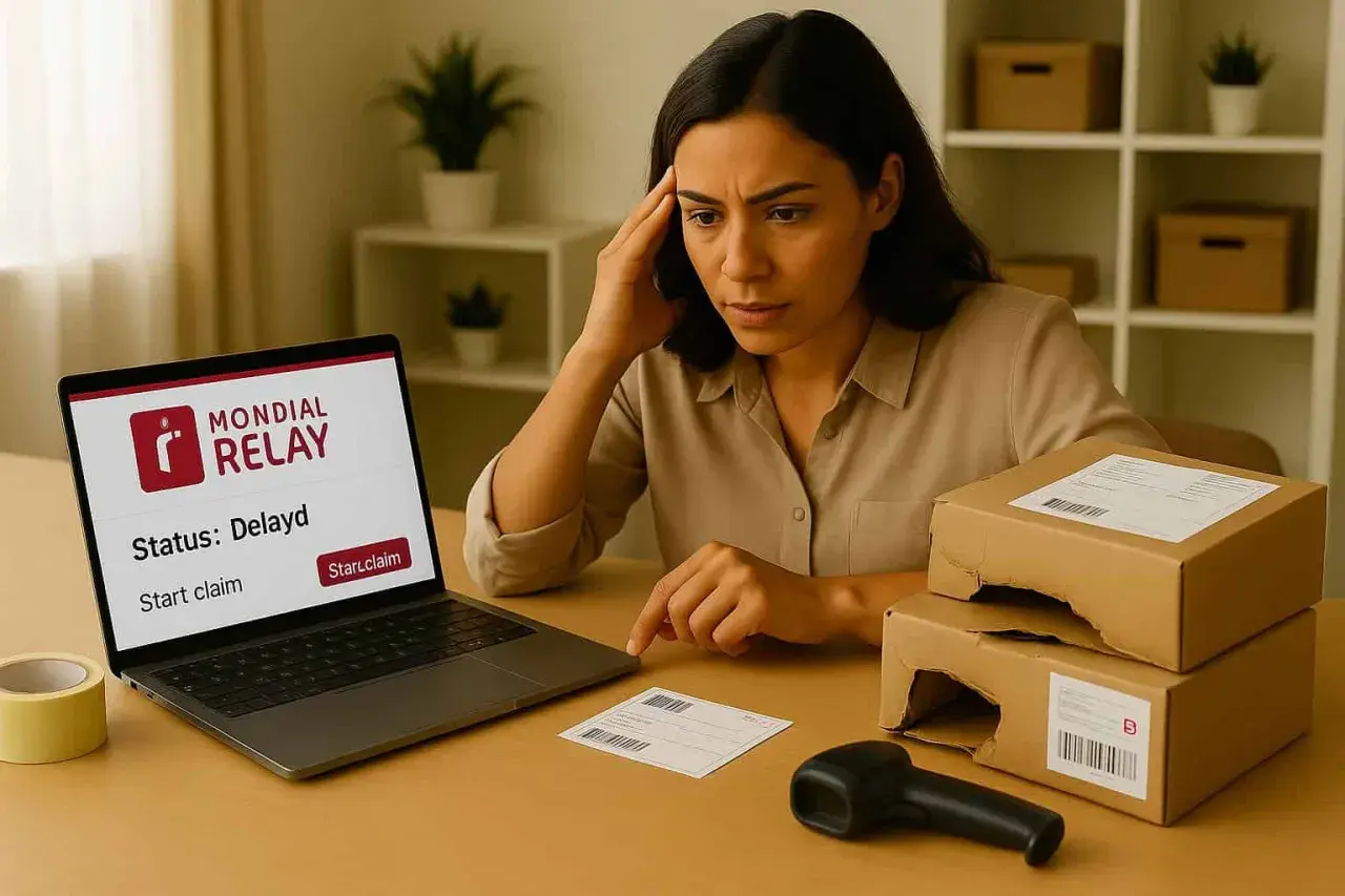 Femme inquiète devant son ordinateur affichant "Mondial Relay - Status: Delayd". Deux colis abîmés sont sur la table.