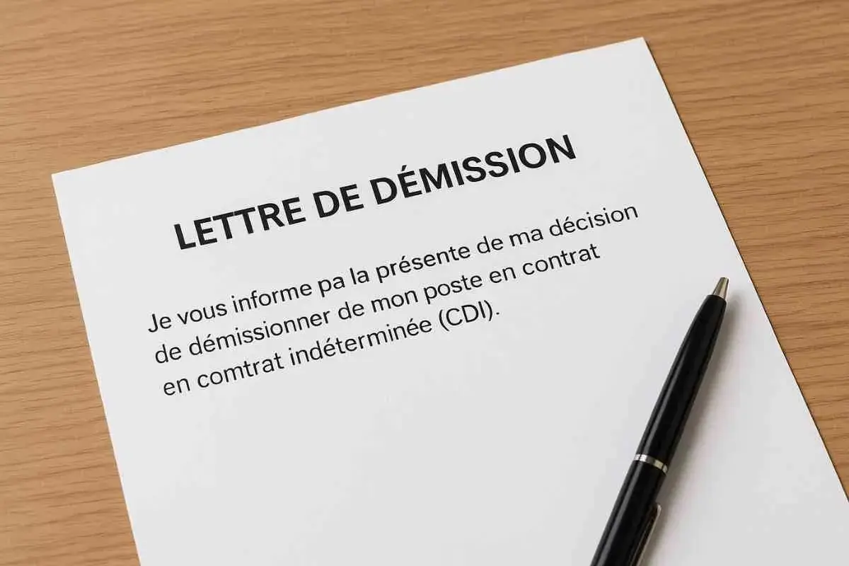 Une lettre de démission CDI avec préavis est posée sur un bureau en bois, avec un stylo noir à côté.