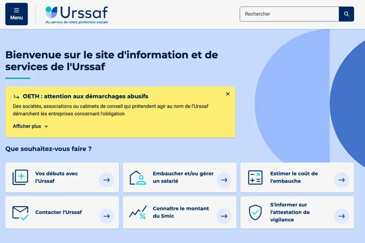 Page d'accueil Urssaf : informations, services, et une alerte sur les démarchages abusifs. Utile pour trouver un modèle lettre urssaf gratuite.