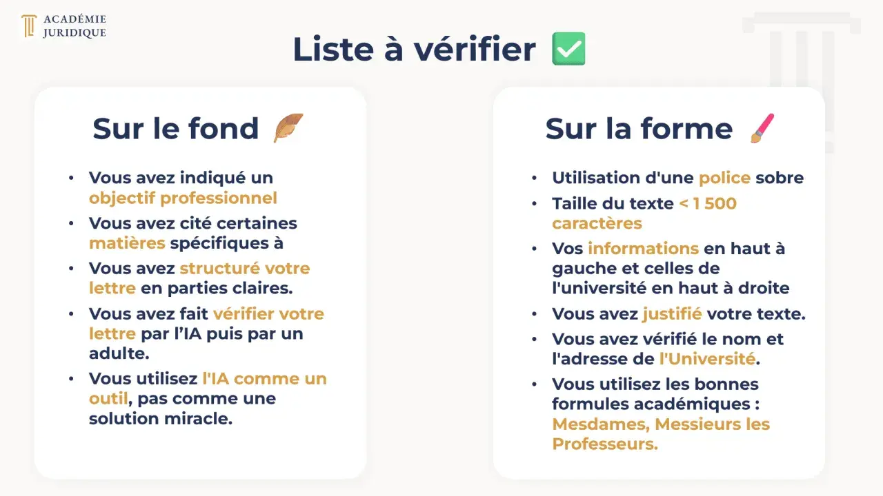 Liste de vérification pour une lettre de motivation fac de droit Parcoursup : fond et forme.