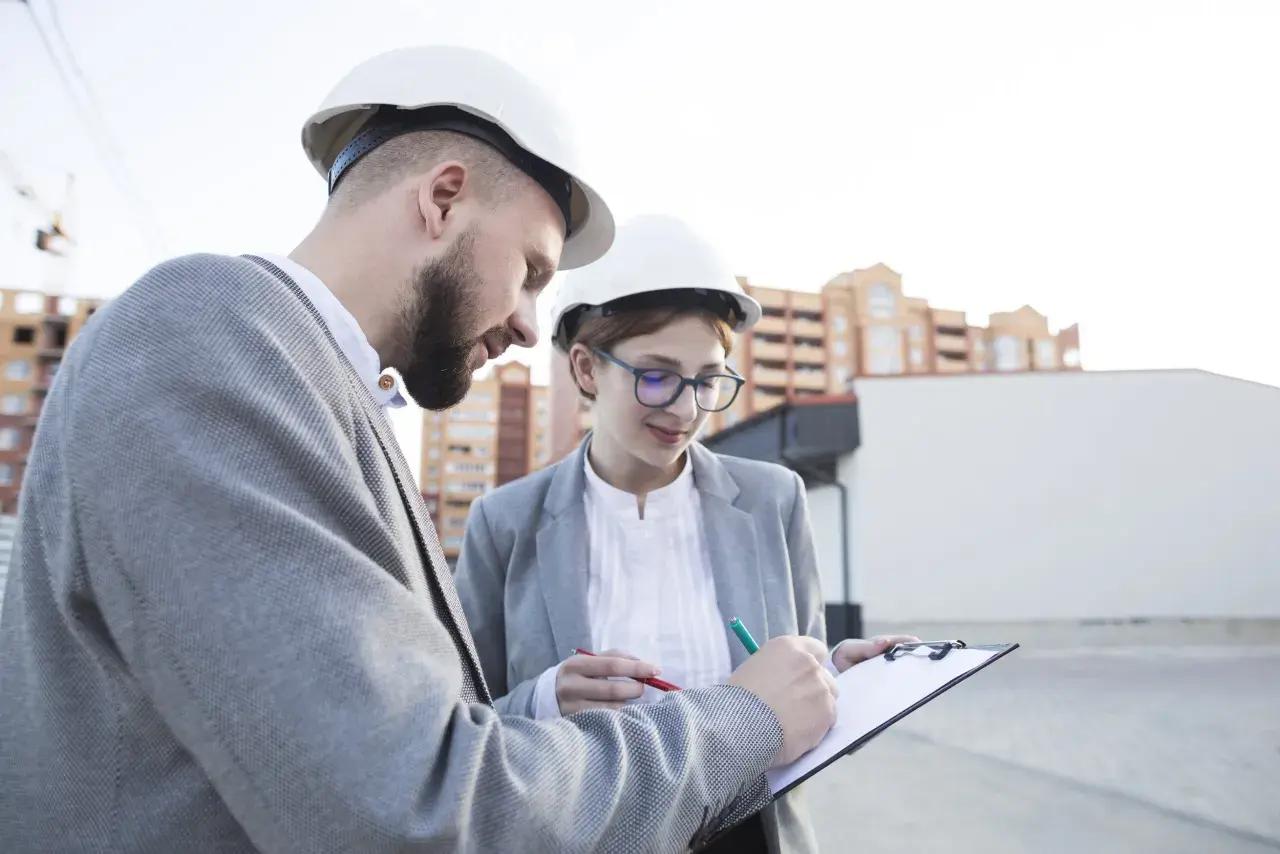 Deux ingénieurs, casques blancs, discutent d'un document sur un chantier. L'un signe, peut-être un modèle attestation employeur.