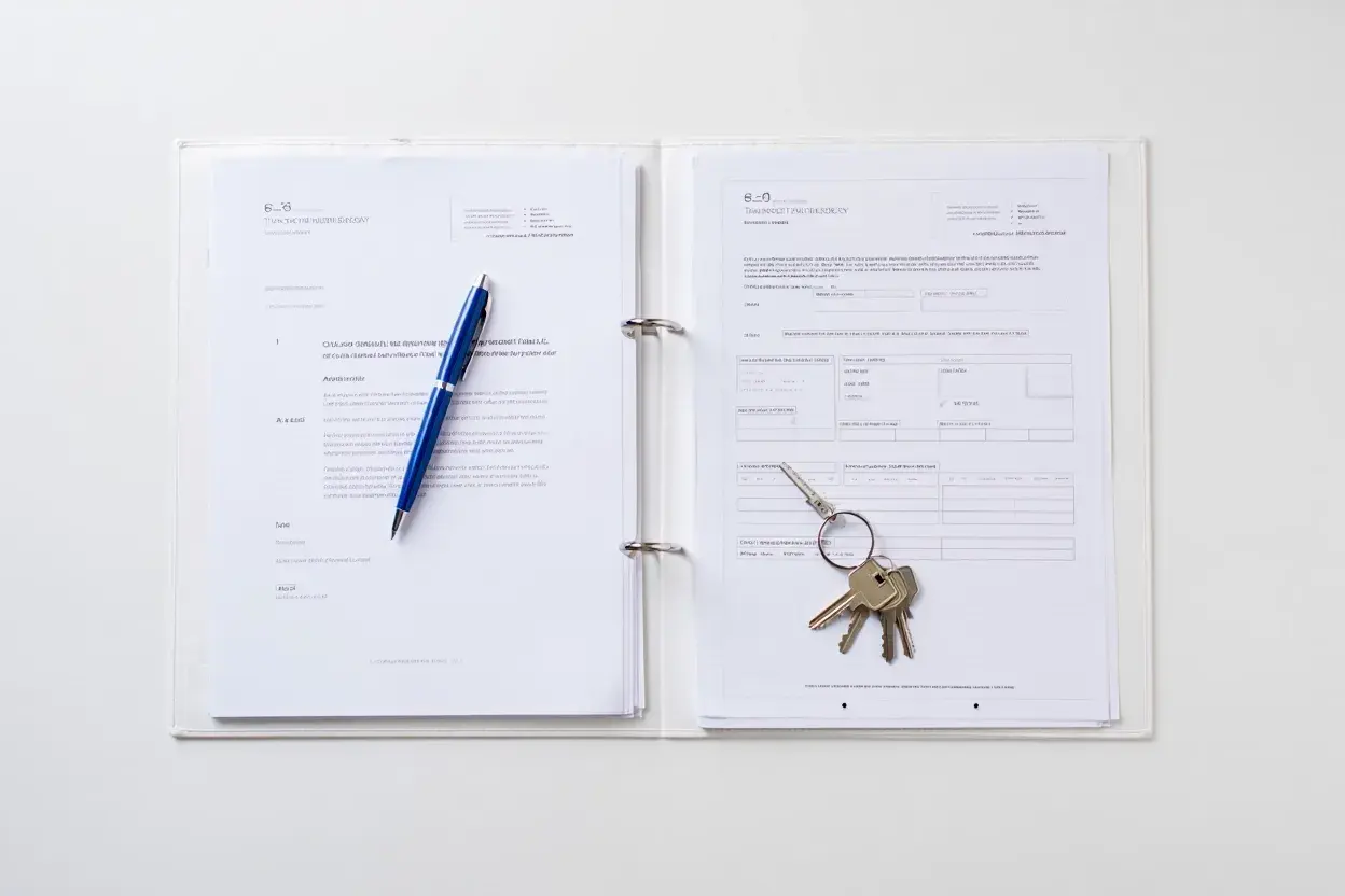 Un classeur blanc ouvert sur des documents. Un stylo bleu repose sur la page de gauche, tandis qu'un trousseau de clés est posé sur la page de droite, suggérant une lettre de demande de mutation ou un contrat.