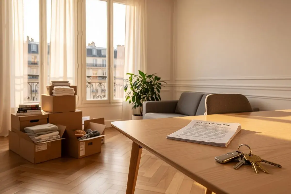 Une lettre de résiliation de bail pour un appartement meublé est posée sur une table en bois, avec des clés et des cartons de déménagement à proximité.