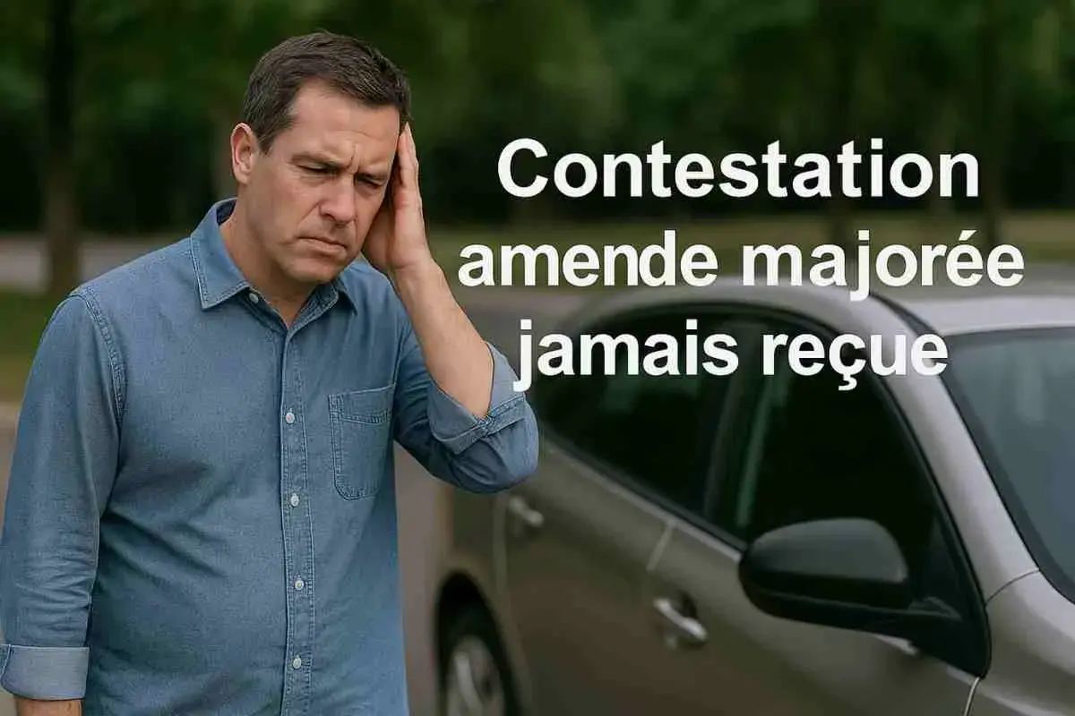 Un homme stressé, à côté de sa voiture, face à une "Contestation amende majorée jamais reçue".