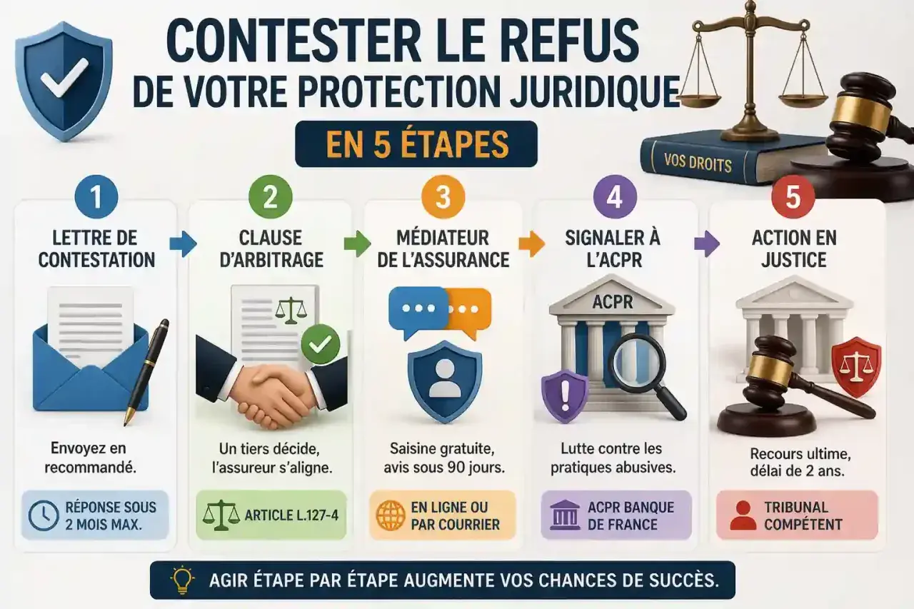 Infographie expliquant les 5 étapes pour contester un refus d'assurance, incluant une lettre réclamation assurance sinistre.