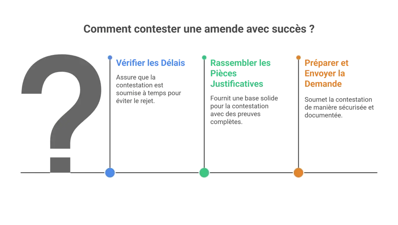Étapes pour une lettre de contestation réussie : vérifier les délais, rassembler les pièces justificatives, préparer et envoyer la demande.