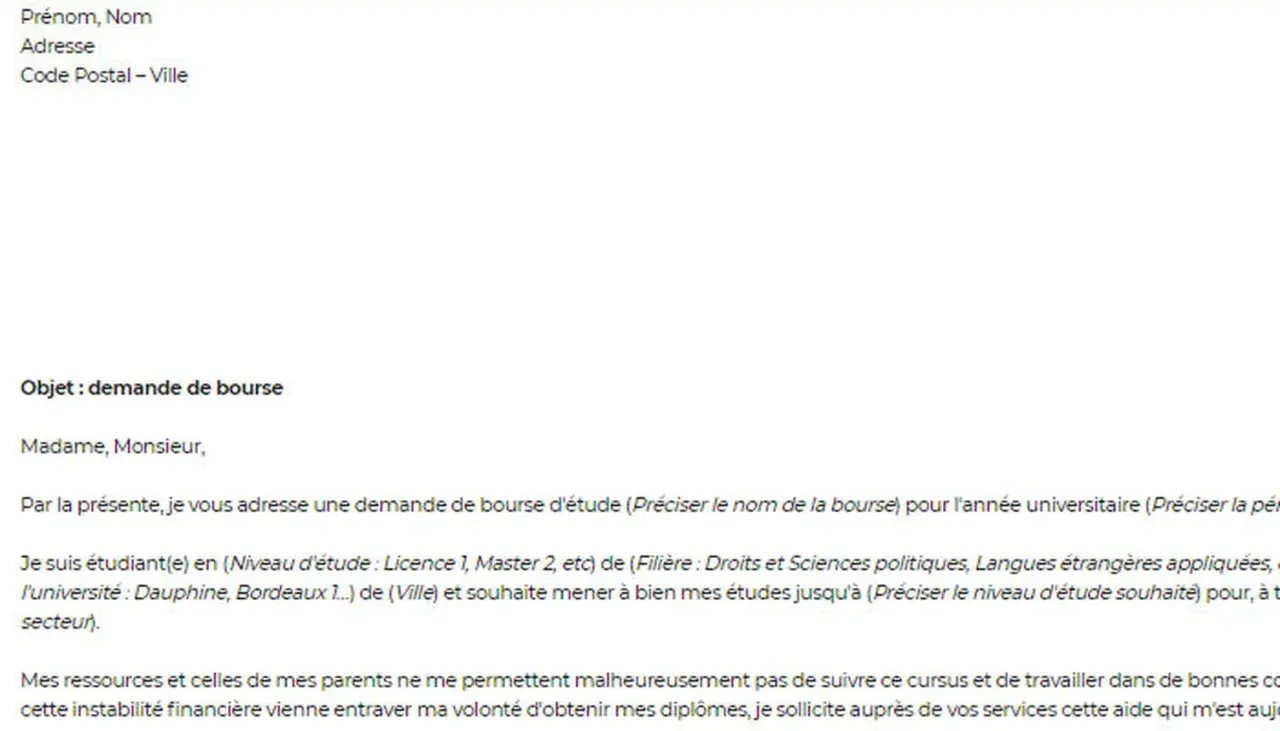 Objet : demande de bourse. Un étudiant sollicite une aide financière pour poursuivre ses études universitaires.