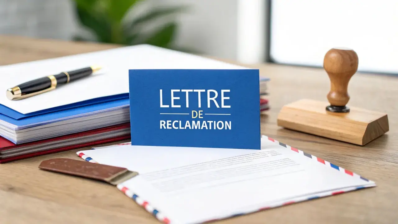 Une lettre de réclamation est prête à être envoyée à l'agence immobilière. Un tampon en bois et un stylo sont à portée de main.