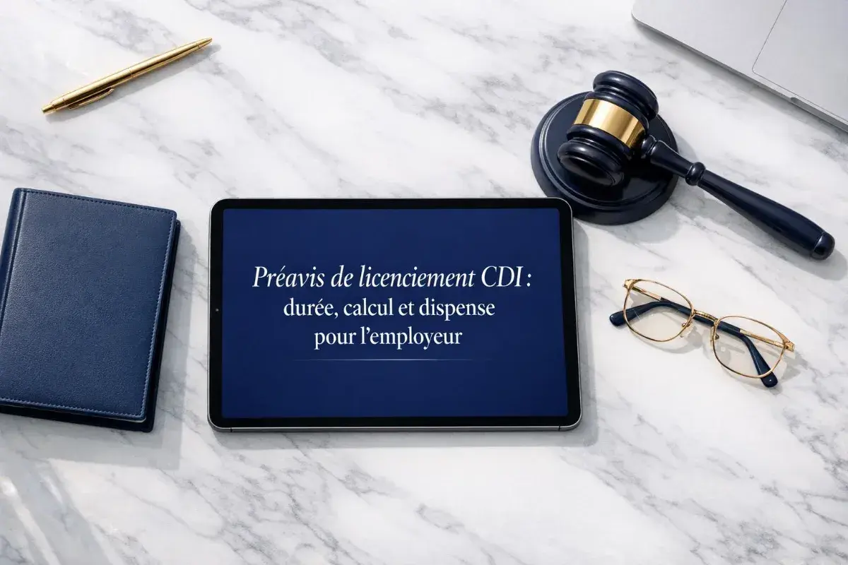 Sur une tablette, un modèle de lettre à son employeur concernant un préavis de licenciement CDI. Un marteau de juge, des lunettes et un stylo sont disposés autour.