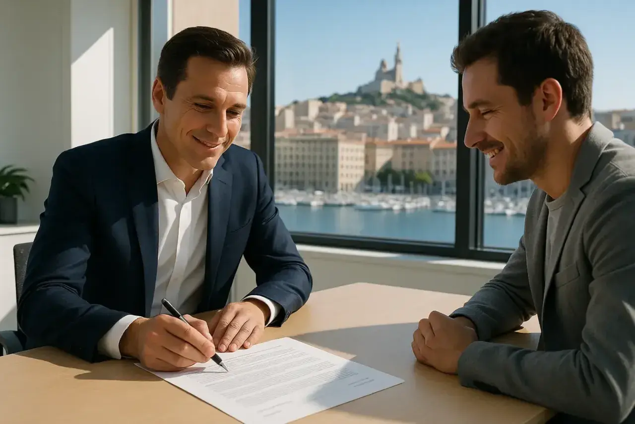 Un homme signe un document, peut-être une lettre de demande de radiation, devant un collègue souriant. La vue sur la ville et le port est magnifique.