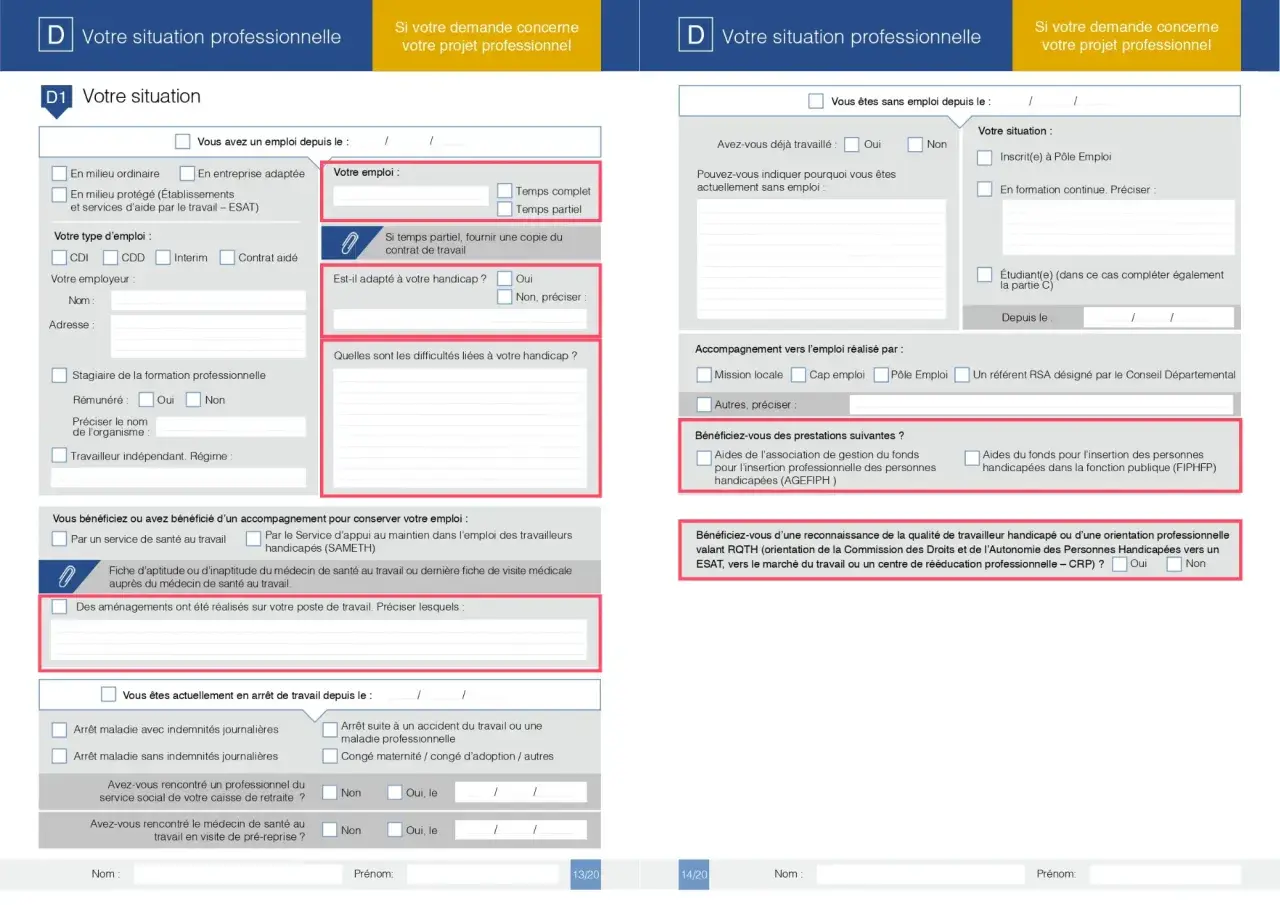 Formulaire administratif pour une demande de place en établissement ou service d'aide par le travail (ESAT), incluant des questions sur la situation professionnelle et le handicap.