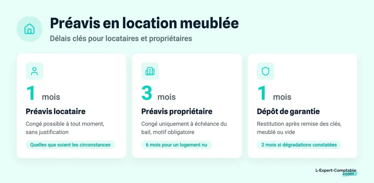 Préavis en location meublée : 1 mois pour le locataire, 3 mois pour le propriétaire. Modèle préavis logement 1 mois. Dépôt de garantie 1 mois.
